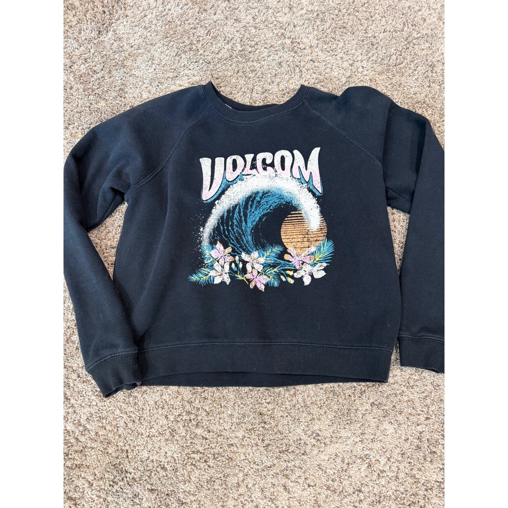 Volcom Girls Large 14 Black Sweatshirt Tropical Wave Floral Graphic Pullover